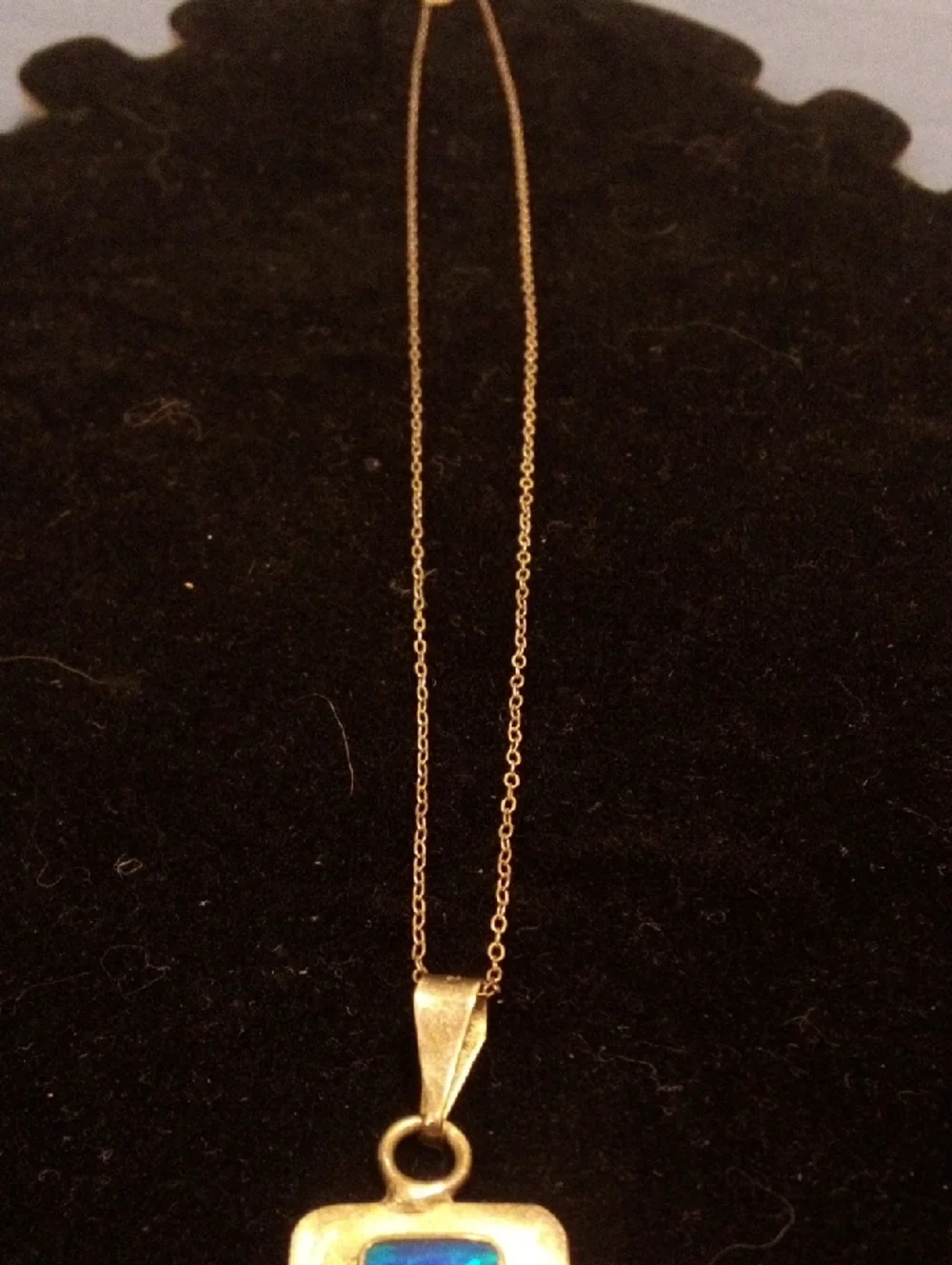 Rectangular Blue Inlay Pendant Necklace with Silver-Tone Frame